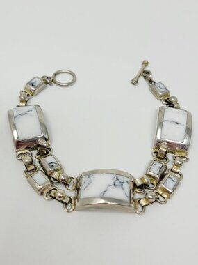 Vintage Howlite Stone Panel Link Bracelet Silver Tone 925 Clasp Toggle **READ**